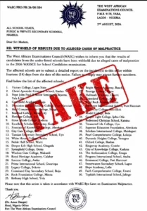 WAEC denies circulating list of 50 schools allegedly sanctioned over 2026 WASSCE malpractice 98 WAEC Fake List